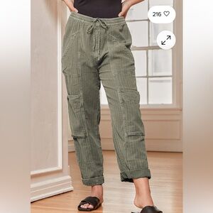 Free People Feelin' Good Olive Green Utility Pull-On Linen Pants Oversized Sz S.